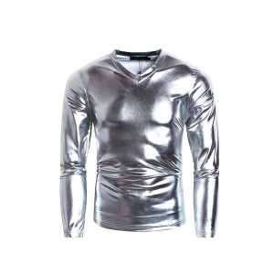 Silver Metallic Top Long Sleeve Shirt - Mens Space Costume Alien Costume